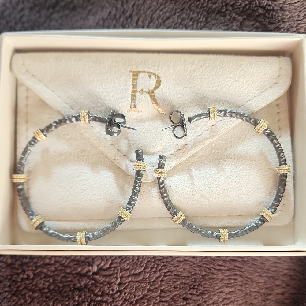 Textured Black and Gold Hoop Earrings